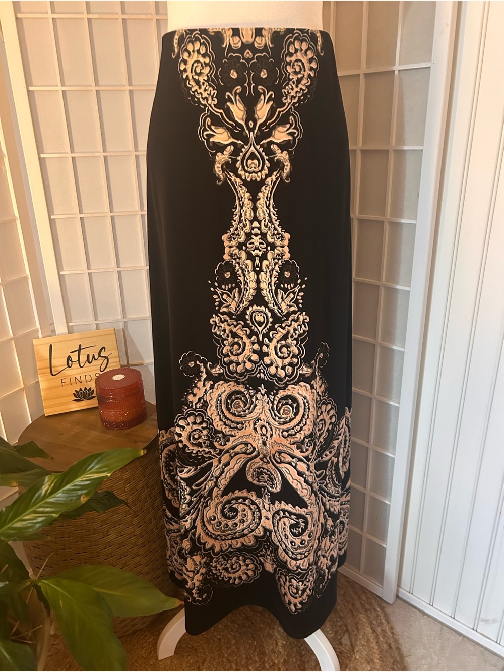 Black Blush Paisley Boho Stretch Maxi Skirt M/L